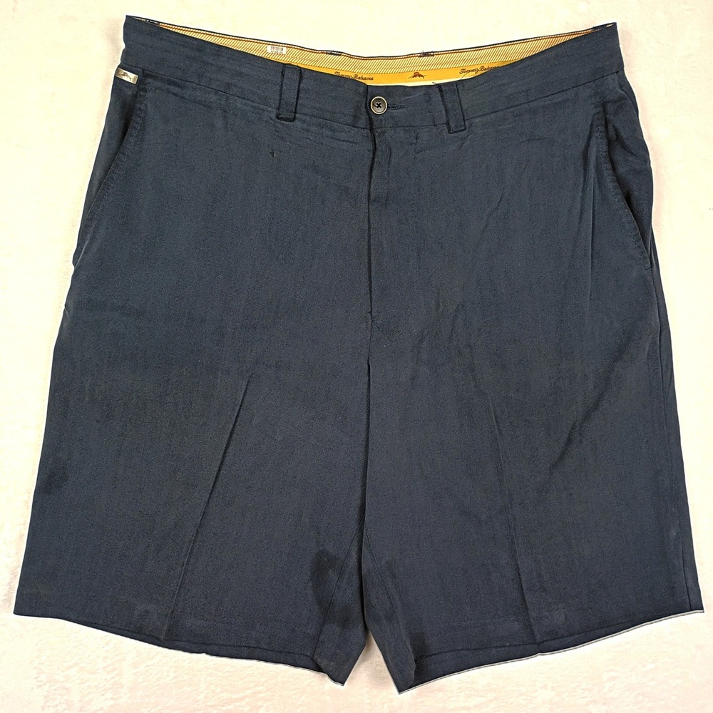 Tommy Bahama Mens 34 Silk Cotton Herringbone Shorts Blue Grey Flat Front Casual